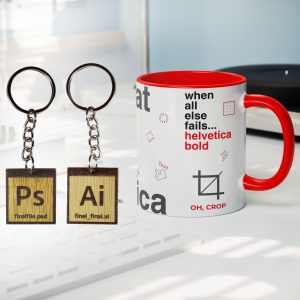 Aai Shappat - Printed Inner Red Color Coffee Mug Wooden Engraved Adobe Photoshop and Adobe Illustrator Logo Keychains for Graphics Designer, Coffee Mug for Gift, 320ml, Designer Keychains